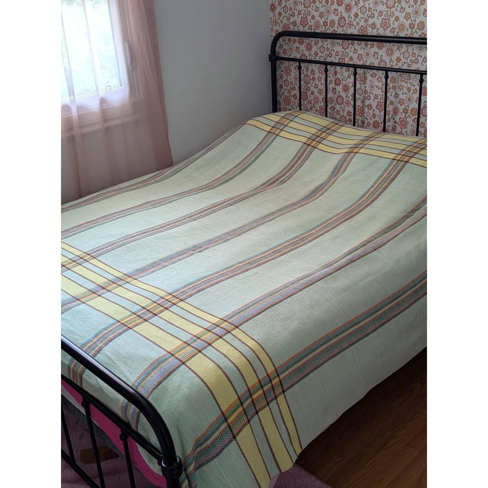 Vintage Pastel Plaid Woven Blanket Bedspread 86x74 Cottagecore Throw